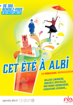 Affiche du guide l'été 2022 réalisé par la Ville d'Albi mettant en scène une boisson fraiche, la cathédrale Sainte-Cécile et Toulouse-Lautrec sur un fond jaune.
